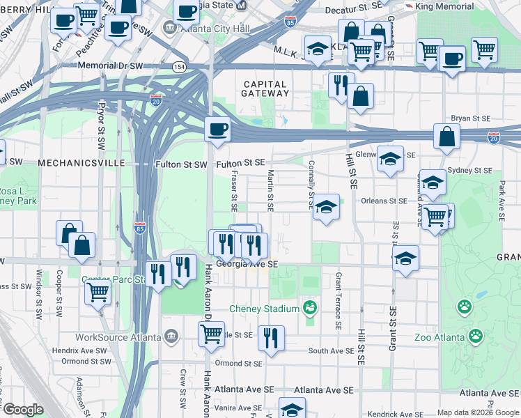 map of restaurants, bars, coffee shops, grocery stores, and more near 118 Crumley Street Southeast in Atlanta