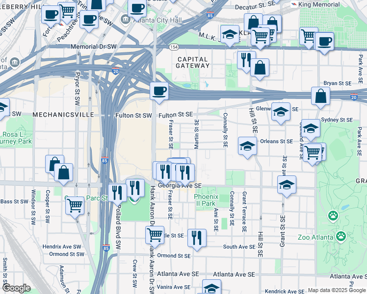 map of restaurants, bars, coffee shops, grocery stores, and more near 78 Crumley Street Southeast in Atlanta