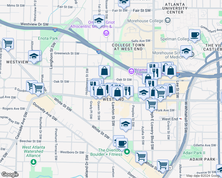 map of restaurants, bars, coffee shops, grocery stores, and more near 572 Lawton Street Southwest in Atlanta