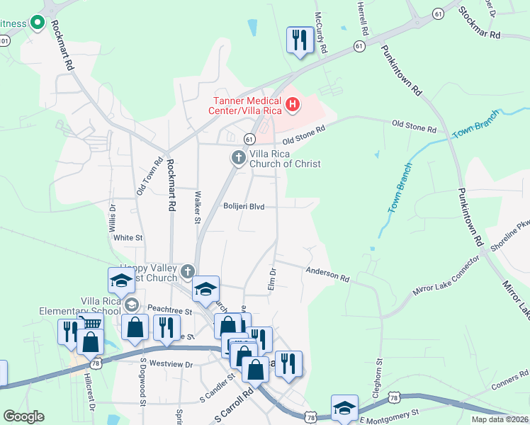 map of restaurants, bars, coffee shops, grocery stores, and more near 412 Bolijeri Boulevard in Villa Rica