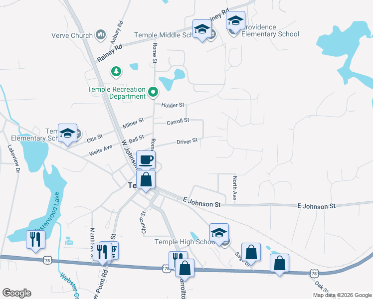 map of restaurants, bars, coffee shops, grocery stores, and more near 79 Driver Street in Temple