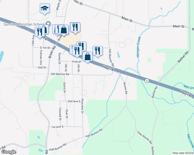 map of restaurants, bars, coffee shops, grocery stores, and more near 39-125 Lester Walker Street in Sumiton