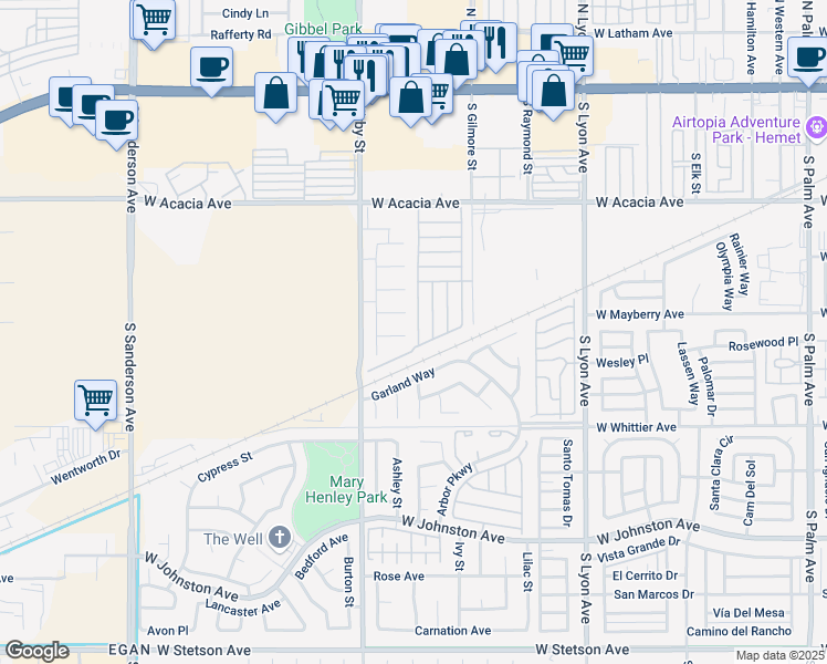 map of restaurants, bars, coffee shops, grocery stores, and more near 2316 Los Gatos Circle in Hemet