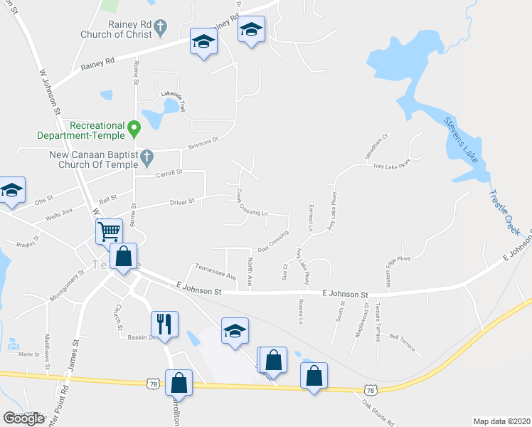 map of restaurants, bars, coffee shops, grocery stores, and more near 121 Creek Crossing Lane in Temple