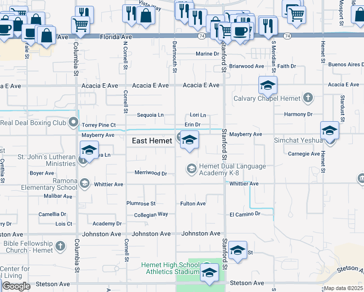 map of restaurants, bars, coffee shops, grocery stores, and more near 41535 Mayberry Avenue in Hemet
