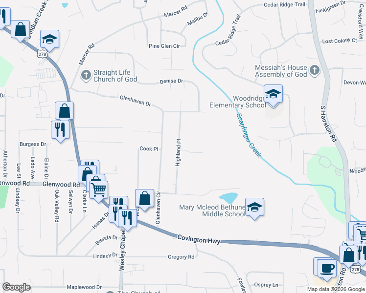 map of restaurants, bars, coffee shops, grocery stores, and more near 1756 Highland Place in Decatur