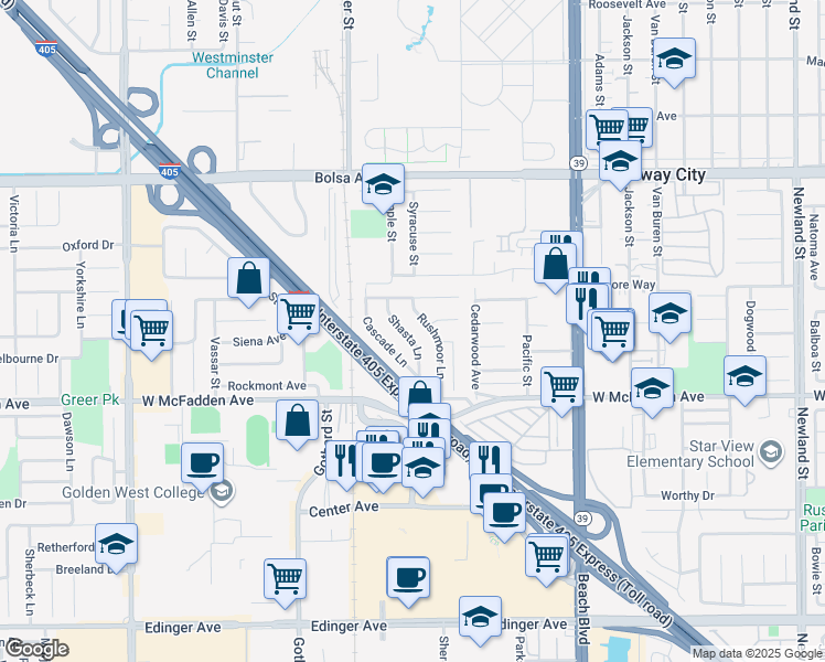 map of restaurants, bars, coffee shops, grocery stores, and more near 15332 Shasta Lane in Huntington Beach