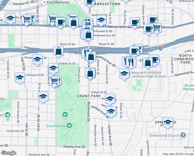map of restaurants, bars, coffee shops, grocery stores, and more near 541 Waldo Street Southeast in Atlanta
