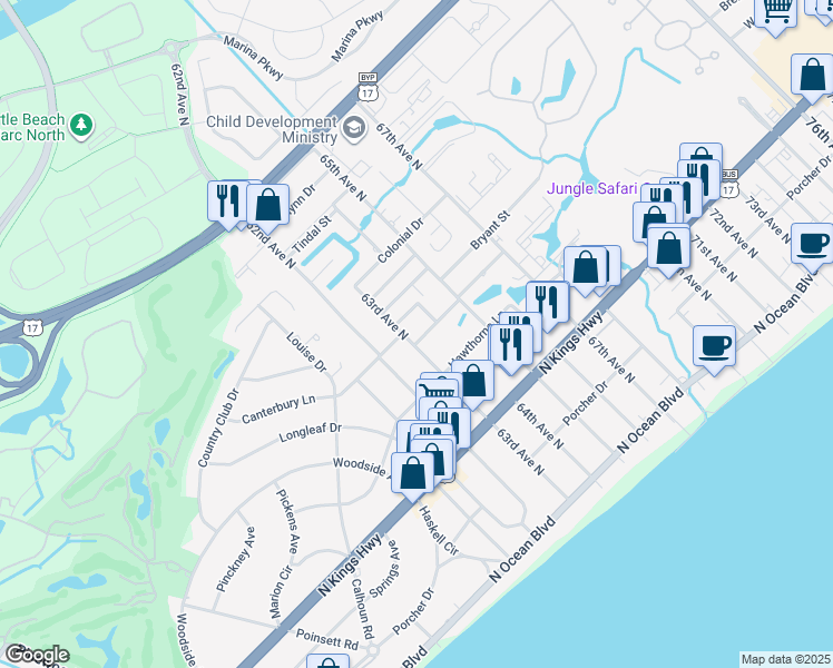 map of restaurants, bars, coffee shops, grocery stores, and more near 6301 Somerset Drive in Myrtle Beach