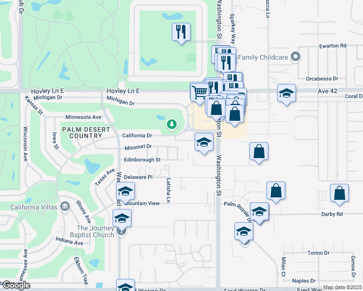 map of restaurants, bars, coffee shops, grocery stores, and more near 42560 Brighton Street in Palm Desert