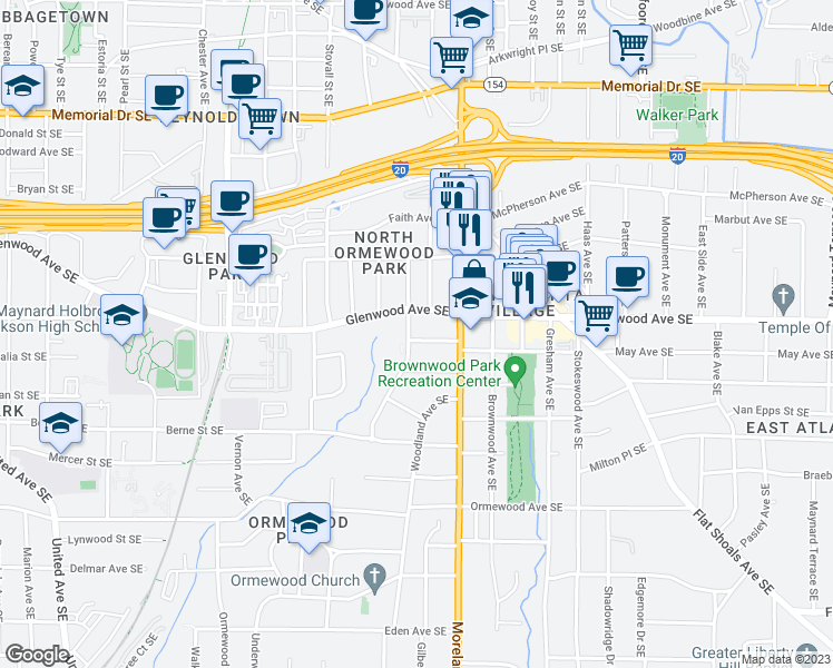 map of restaurants, bars, coffee shops, grocery stores, and more near 1120 Portland Avenue Southeast in Atlanta