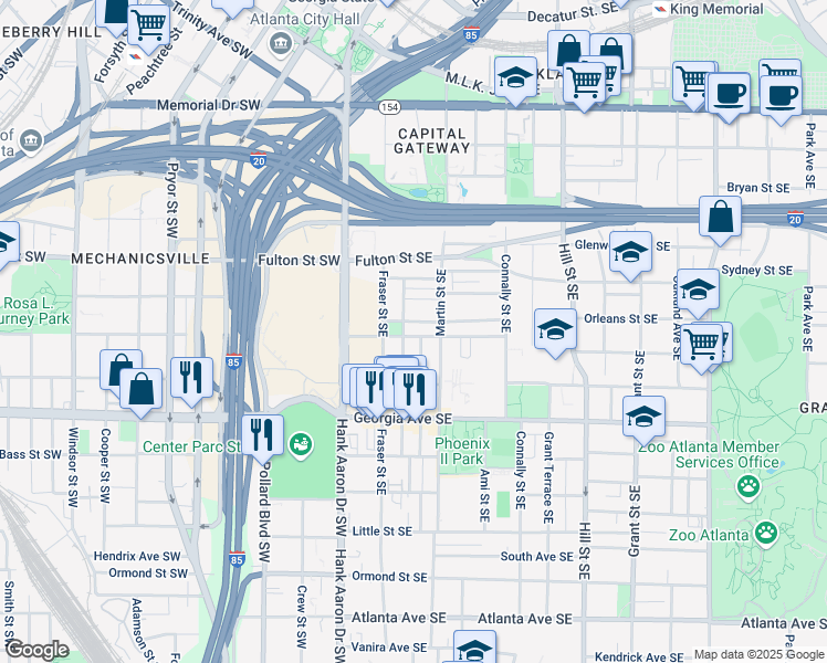 map of restaurants, bars, coffee shops, grocery stores, and more near 78 Crumley Street Southeast in Atlanta