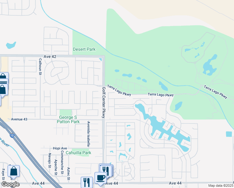 map of restaurants, bars, coffee shops, grocery stores, and more near 84105 Colibri Court in Indio