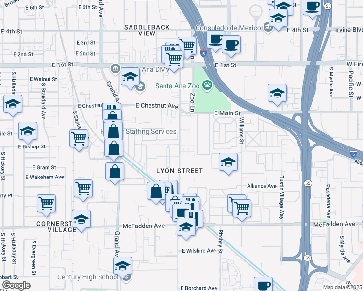 map of restaurants, bars, coffee shops, grocery stores, and more near 609 South Lyon Street in Santa Ana