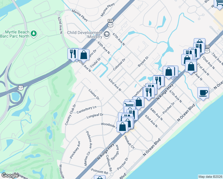 map of restaurants, bars, coffee shops, grocery stores, and more near 706 62nd Avenue North in Myrtle Beach