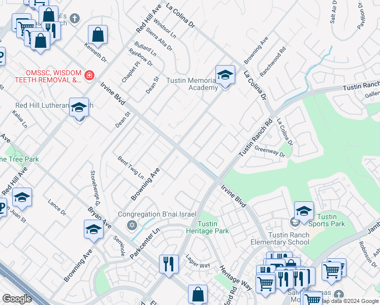 map of restaurants, bars, coffee shops, grocery stores, and more near 12998 Eveningside Drive in Santa Ana