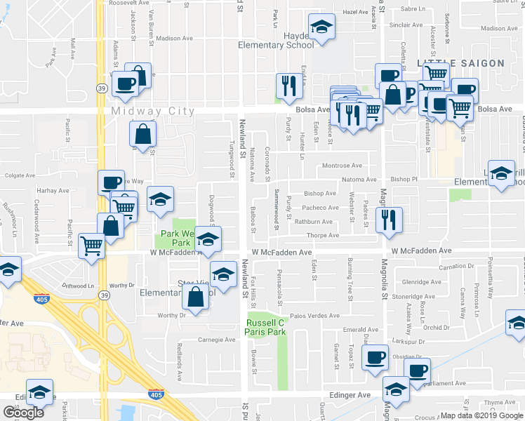 map of restaurants, bars, coffee shops, grocery stores, and more near 15361 Nantucket St in Westminster