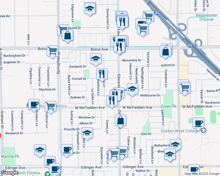 map of restaurants, bars, coffee shops, grocery stores, and more near 6401 Brown Circle in Huntington Beach
