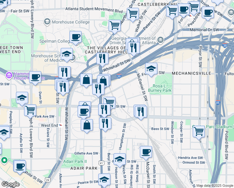 map of restaurants, bars, coffee shops, grocery stores, and more near 566 Wells Street Southwest in Atlanta
