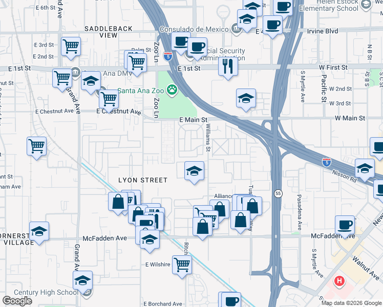 map of restaurants, bars, coffee shops, grocery stores, and more near 61 Saddleback Road in Tustin