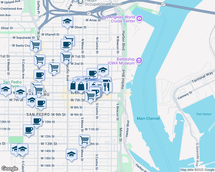 map of restaurants, bars, coffee shops, grocery stores, and more near 255 West 5th Street in Los Angeles