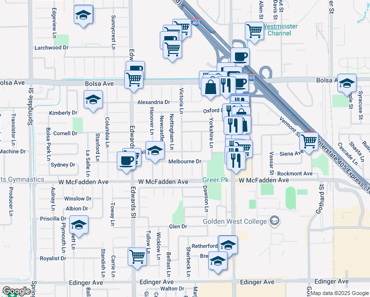 map of restaurants, bars, coffee shops, grocery stores, and more near 15332 Victoria Lane in Huntington Beach