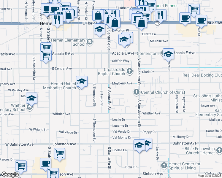 map of restaurants, bars, coffee shops, grocery stores, and more near 560 South Santa Fe Street in Hemet