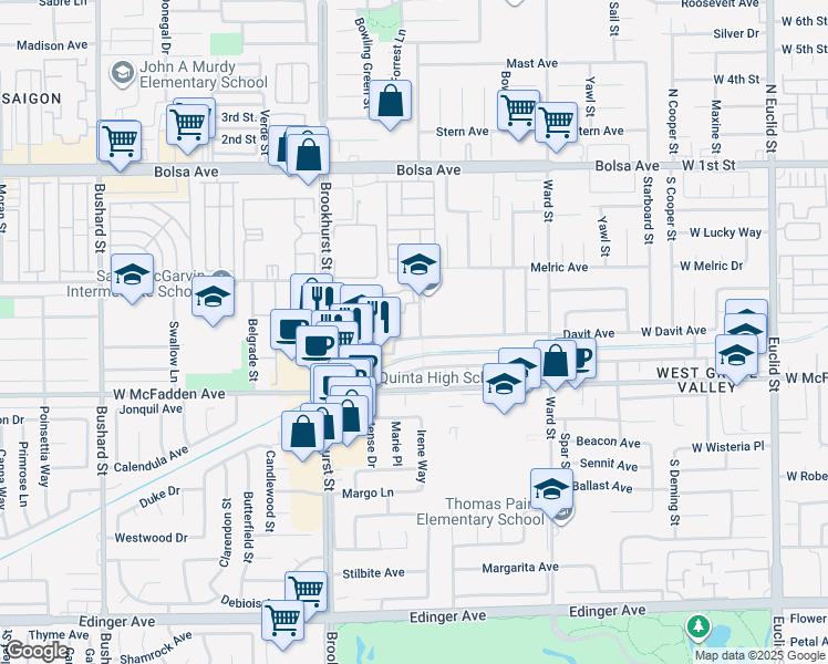 map of restaurants, bars, coffee shops, grocery stores, and more near 15361 Pickford Street in Westminster
