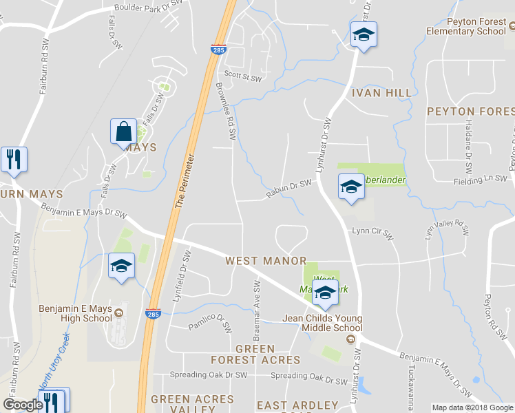 map of restaurants, bars, coffee shops, grocery stores, and more near 3310 Rabun Drive Southwest in Atlanta