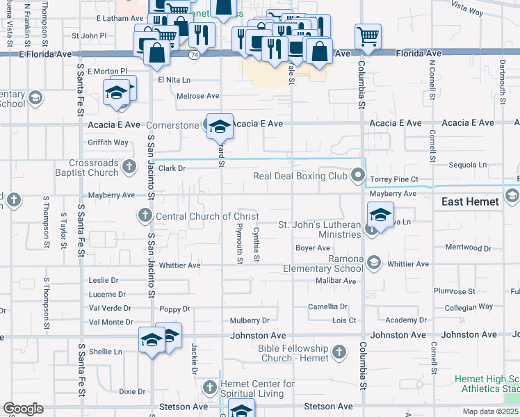 map of restaurants, bars, coffee shops, grocery stores, and more near 26300 Cynthia Street in Hemet