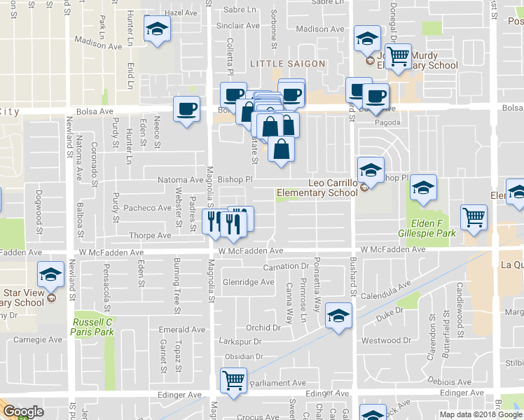 map of restaurants, bars, coffee shops, grocery stores, and more near 9181 Chelsea Circle in Westminster
