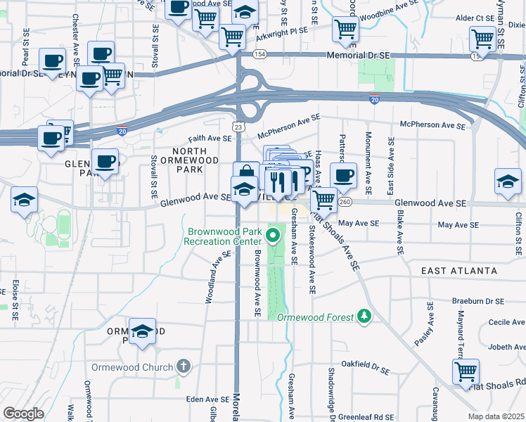 map of restaurants, bars, coffee shops, grocery stores, and more near 536 Brownwood Avenue Southeast in Atlanta