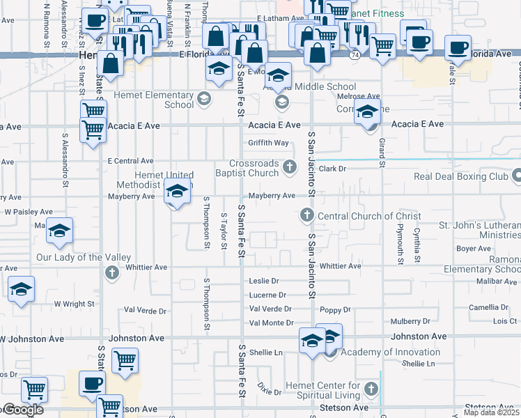 map of restaurants, bars, coffee shops, grocery stores, and more near 560 Hart Street in Hemet