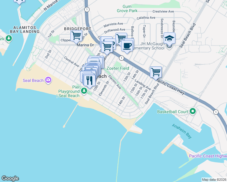 map of restaurants, bars, coffee shops, grocery stores, and more near 140 12th Street in Seal Beach
