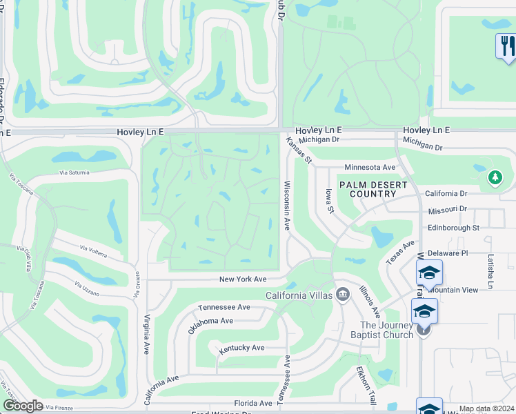 map of restaurants, bars, coffee shops, grocery stores, and more near 76921 Scimitar Way in Palm Desert