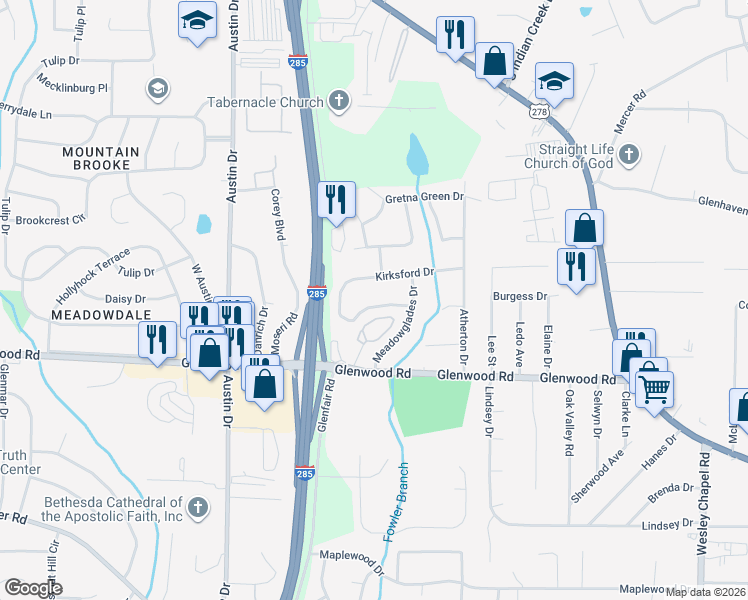 map of restaurants, bars, coffee shops, grocery stores, and more near 1763 Woodsloe Drive in Decatur