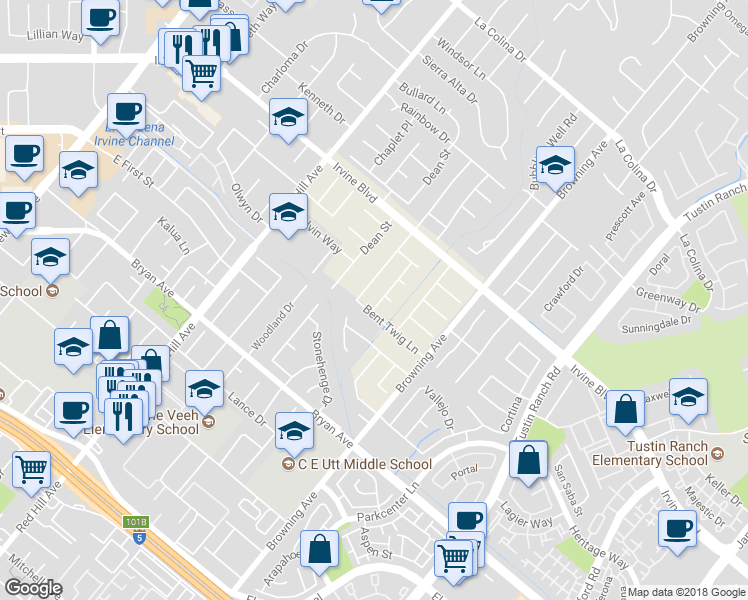 map of restaurants, bars, coffee shops, grocery stores, and more near 13181 Hickory Branch Road in Tustin