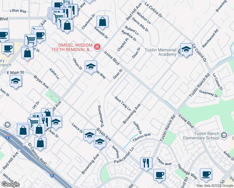 map of restaurants, bars, coffee shops, grocery stores, and more near 13181 Hickory Branch Road in Tustin