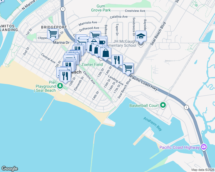 map of restaurants, bars, coffee shops, grocery stores, and more near 216 15th Street in Seal Beach