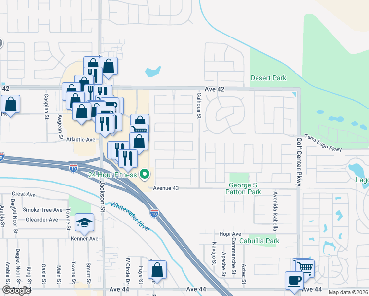 map of restaurants, bars, coffee shops, grocery stores, and more near 83414 Skyline Trail Road in Indio