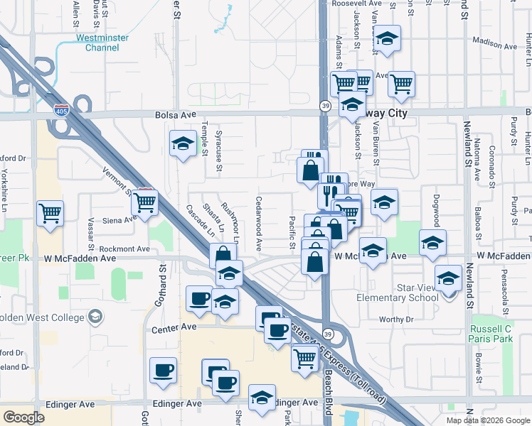 map of restaurants, bars, coffee shops, grocery stores, and more near 7792 Ledon Way in Midway City
