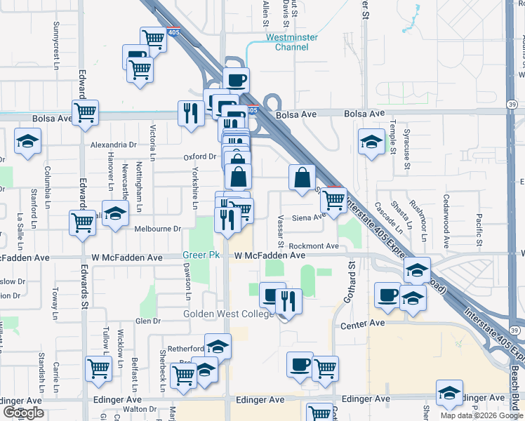 map of restaurants, bars, coffee shops, grocery stores, and more near 15351 Maryknoll Street in Westminster