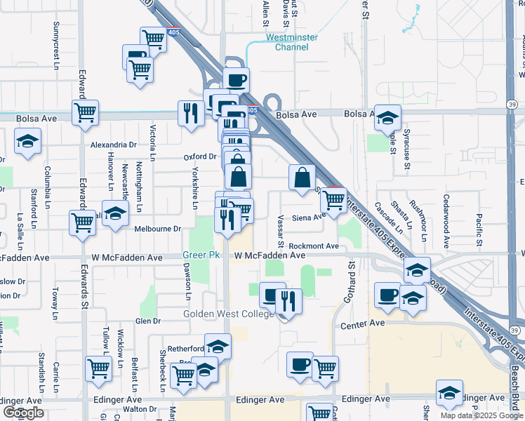 map of restaurants, bars, coffee shops, grocery stores, and more near 15351 Maryknoll Street in Westminster