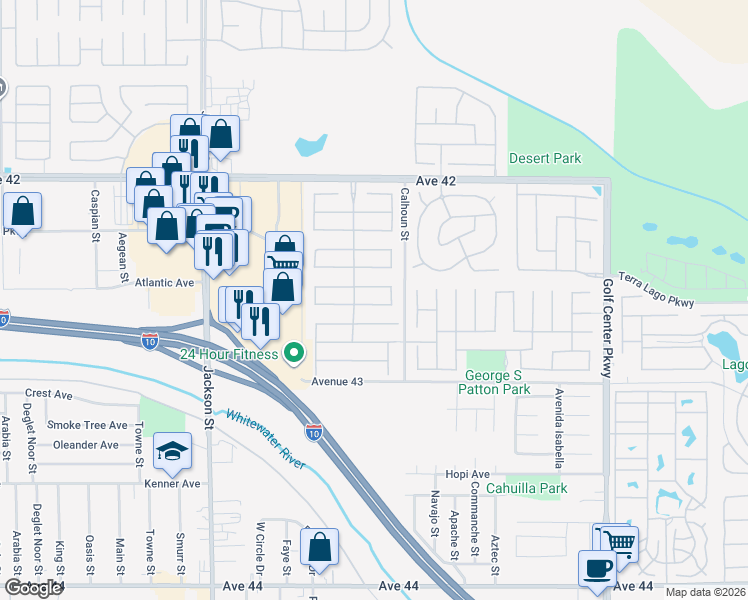 map of restaurants, bars, coffee shops, grocery stores, and more near 83414 Skyline Trail Road in Indio
