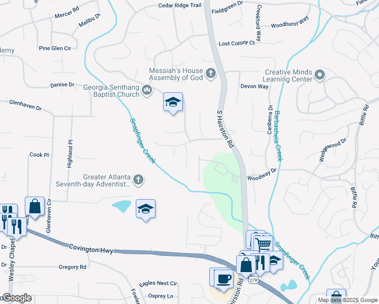 map of restaurants, bars, coffee shops, grocery stores, and more near 1766 Big Valley Lane in Stone Mountain