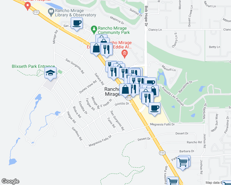 map of restaurants, bars, coffee shops, grocery stores, and more near 42511 East Veldt Street in Rancho Mirage