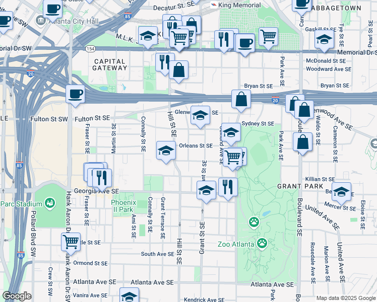 map of restaurants, bars, coffee shops, grocery stores, and more near 551 Broyles Street Southeast in Atlanta