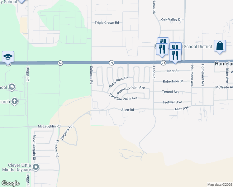 map of restaurants, bars, coffee shops, grocery stores, and more near 30660 Palmetto Palm Avenue in Homeland