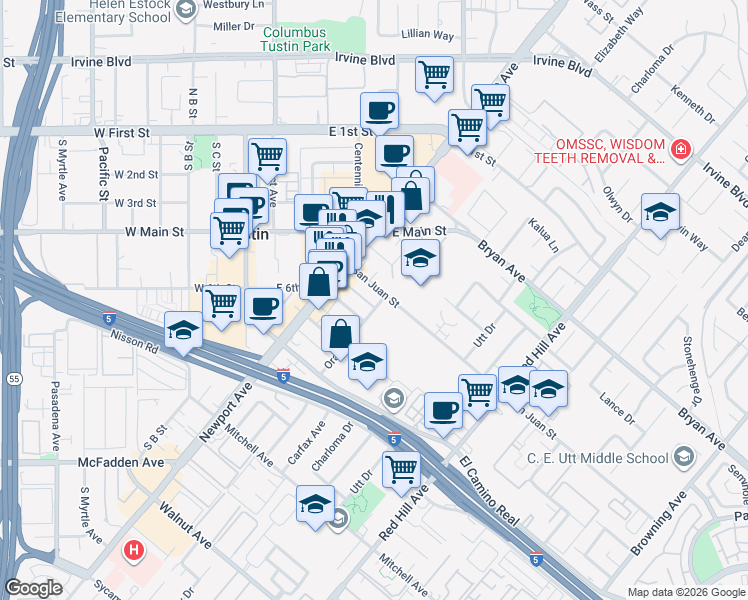 map of restaurants, bars, coffee shops, grocery stores, and more near 1102 San Juan Street in Tustin