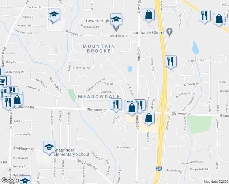 map of restaurants, bars, coffee shops, grocery stores, and more near 3724 Daisy Drive in Decatur